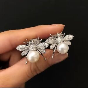 Vintage Pearl Bee Earrings Sparkling Crystal Detail